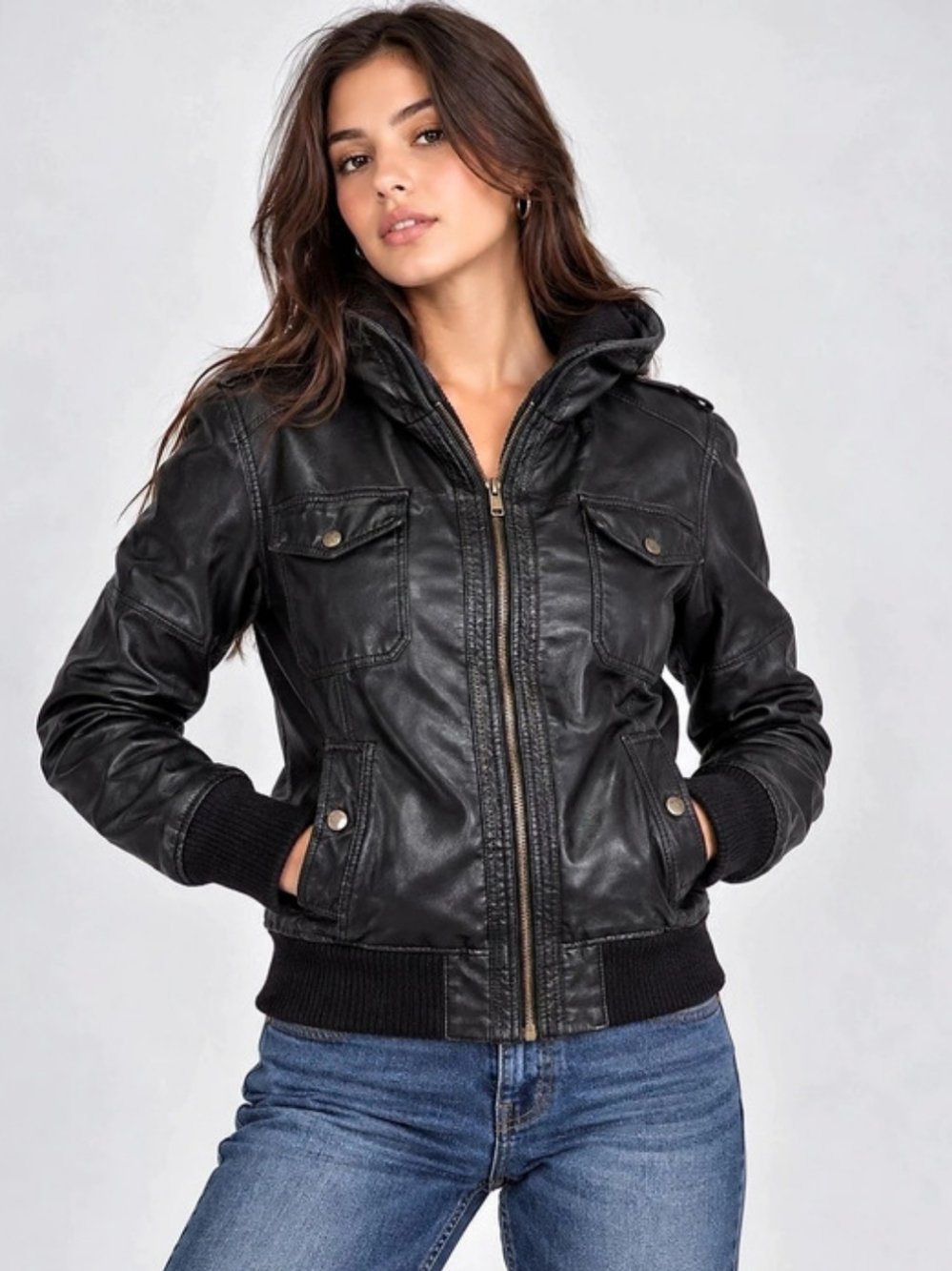 Mango Genuine Leather Hooded Bomber Jacket Black Size S Moto Utility
